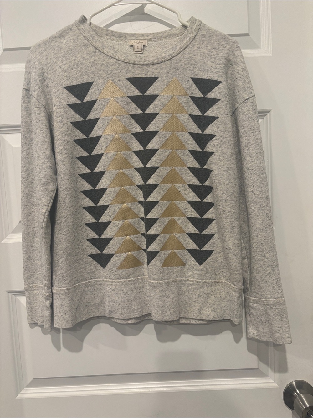 J. Crew Light Gray Crewneck Sweater with Navy and Gold Geometric Print